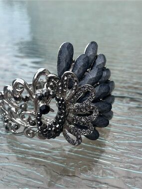 Ornate Black & Silver Peacock Rhinestone Cuff Bracelet